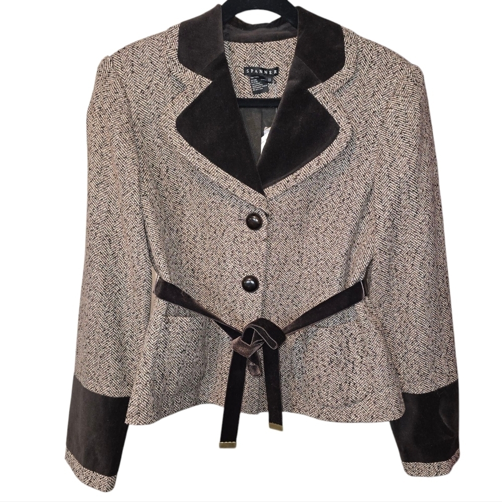 Spanner Vintage Herringbone Tweed Wool Blend Velvet Trim Blazer NWT Size 10